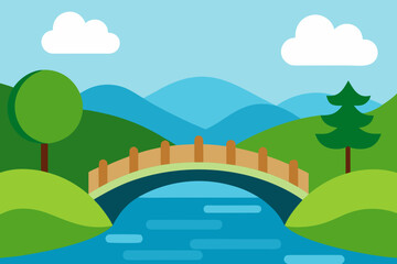 Flat design landscape with a bridge over a river and rolling hills