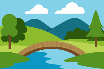 Idyllic landscape with a wooden bridge over a winding river and rolling hills