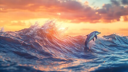 Fototapeta premium Graceful dolphins splash during golden hour swim high resolution picture