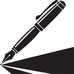 A black and white graphic of a fountain pen writing on a surface with a dark shadow effect behind it