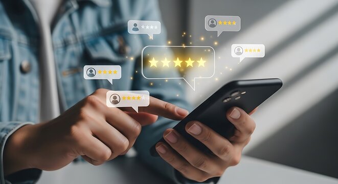 Customer leaving a fivestar review on a smartphone with glowing feedback icons