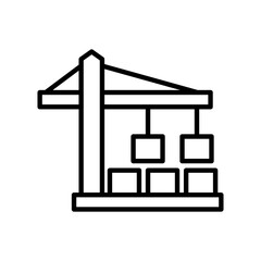 Port Crane Icon with Shipping Containers – Cargo Loading, Logistics Transport Symbol Black Line Vector
