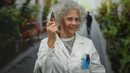 Woman with curly grey hair holds small bottle in urban street setting wearing white coat and...