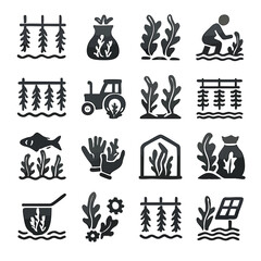 The icons illustrate various aspects of modern seaweed farming, including cultivation, harvesting, processing, and sustainable aquaculture practices. © FlatOnly