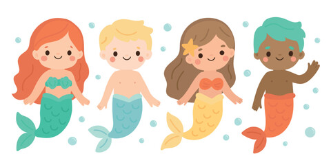 Mermaid underwater children ocean with cute cartoon sea illustration. Colorful vector tails swimming through bubbles. Magical fantasy fun for kids.