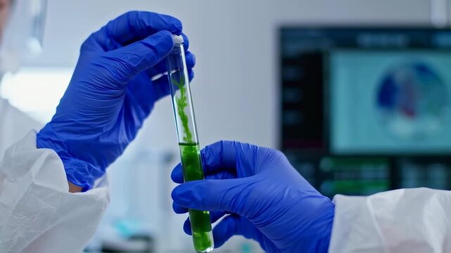 Researcher examines green algae in a test tube for scientific experiment in laboratory