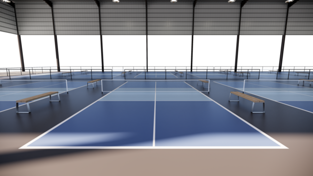 back view an indoor pickleball court with a blue and grey surface. with transparent background
