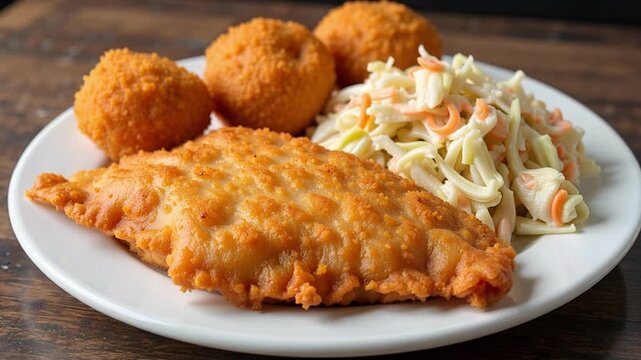 Crispy fried catfish fillet with creamy slaw and golden hushpuppies, a Southern seafood feast in a 4k video perfect for food lovers!