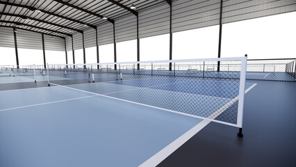 Close up net  pickleball tennis courts inside metal structure building with transparent background