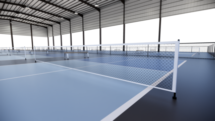 Close up net  pickleball tennis courts inside metal structure building with transparent background