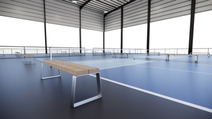 close up wooden bench at Indoor pickleball tennis court with blue and grey color 
