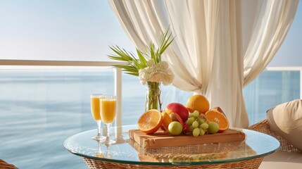 breakfast on balcony with sea view, glass table with exotic fruits sliced on a wooden board, soft flowing curtain, sun reflections on water