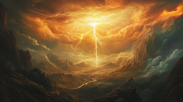Fiery sky lightning strikes valley between mountains dramatic landscape