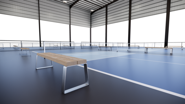 close up wooden bench at Indoor pickleball tennis court with blue and grey color