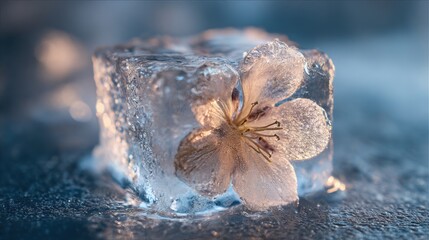 delicate flower frozen in clear ice block, visible frost patterns and bubbles, cinematic backlight, macro shot