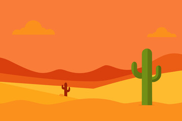 Stylized desert landscape with saguaro cacti and rolling hills under an orange sky