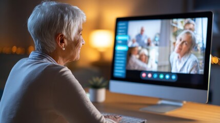 elderly person using smart screen for video call with family, warm ambient lighting, easy interface with big buttons and clear visuals