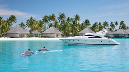 dolphins swimming near a white luxury yacht, tropical island with palm trees and bungalows in the background, calm sea and blue sky
