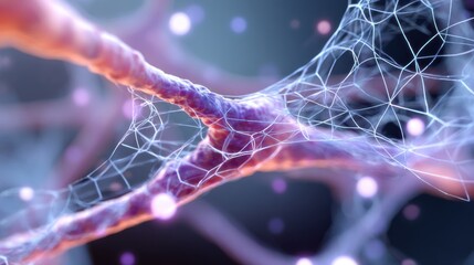 extreme close up of bioengineered tissue under advanced microscope, network of glowing cells, digital data overlay, soft cinematic lighting