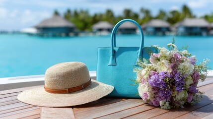 elegant straw hat and designer beach bag next to a flower bouquet on yacht deck, turquoise sea, island with overwater bungalows on horizon