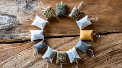flat lay of tea bags arranged in circular mandala pattern, natural textures, soft warm light, creative visual rhythm