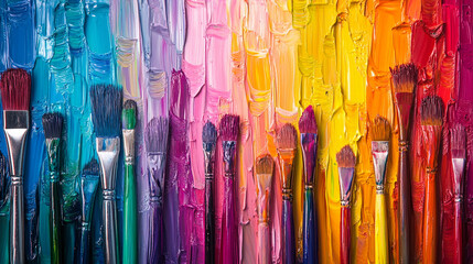 Colorful paintbrushes in vibrant oil paint strokes a rainbow of hues