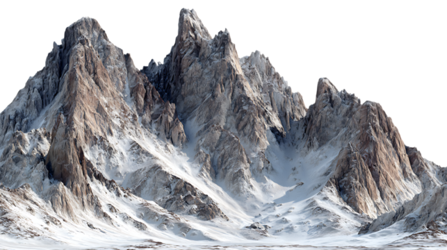 Dramatic mountain landscape with sharp rocky peaks and snow patches isolated on transparent background - Powered by Adobe