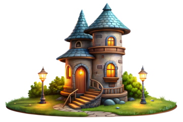 Whimsical stone wizard tower with blue tiled roofs and glowing windows isolated on a transparent background