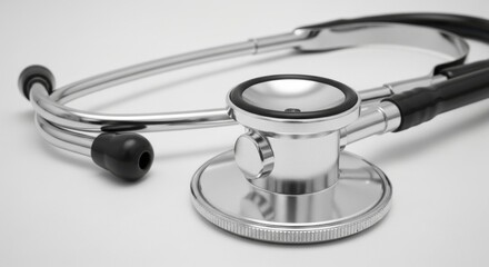 Close up of a silver stethoscope with black accents on a white background showcasing its medical precision and diagnostic capability