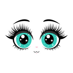 Anime style eyes with sparkles, glossy finish, and long lashes on a baby face.