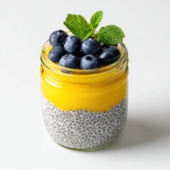 glass jar with chia pudding layered with coconut milk and mango puree, topped with blueberries and mint leaves, placed on clean white background