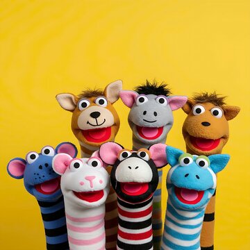 A cheerful group of colorful sock puppets with animal-like features and varied expressions, set against a bright yellow background. 