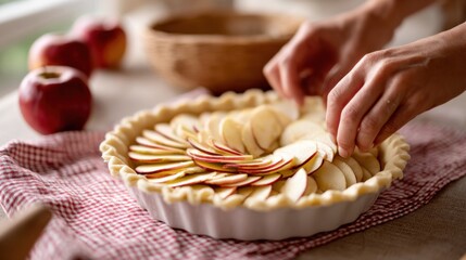 Hand arranging thin apple slices in a spiral on an open pie crust, warm cozy kitchen atmosphere, checkered cloth, soft shadows