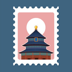 Temple Illustration on Postage Stamp Design