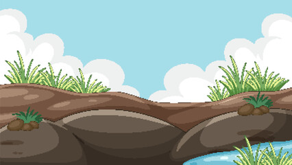Cartoon Riverbank Landscape with Rocks and Grass