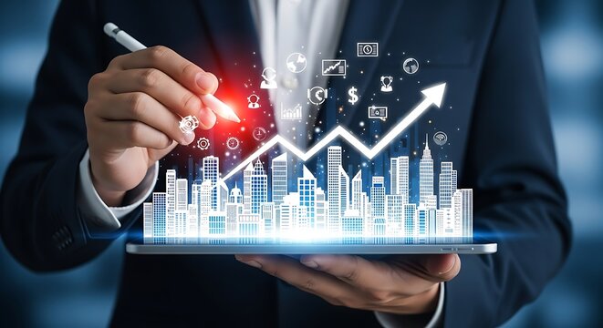 Businessman analyzes financial growth with cityscape and rising graph