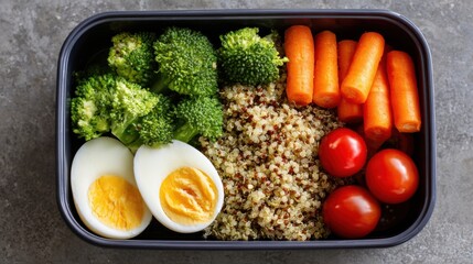 Healthy lunchbox with quinoa, boiled egg, broccoli, cherry tomatoes and carrots neatly arranged