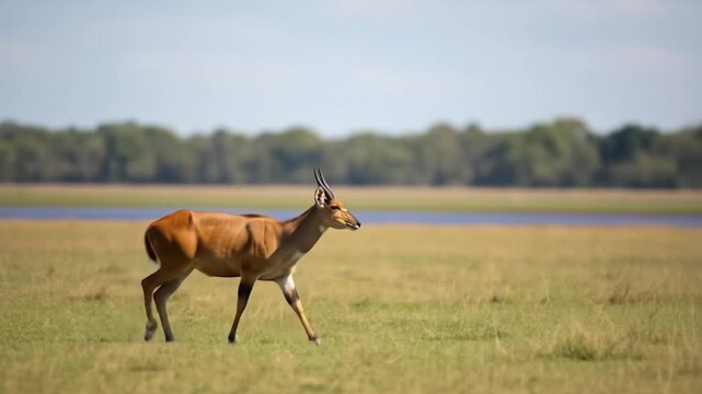 Puku deer wander in lush wetland, perfect for wildlife magazines, nature blogs, environmental campaigns, educational materials, and conservation websites.