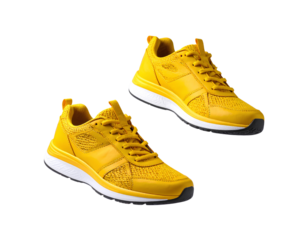 Yellow Running Shoes Floating in the Air on transparent background.