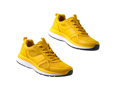 Yellow Running Shoes Floating in the Air on transparent background.
