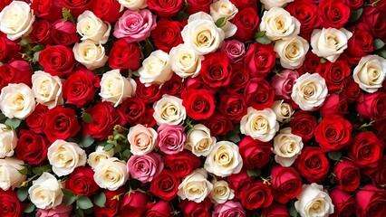 Top view of blooming white and red roses arranged densely, perfect for Valentine's Day cards, romantic backgrounds, wedding invitations, and floral-themed designs