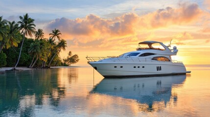 luxurious yacht floating on calm sea at golden sunset, palm covered island in distance, warm glowing sky, peaceful mood