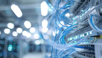 Server rack with many blue cables