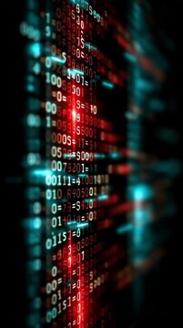 Malware prevention software network. Abstract display of glowing computer code with red and blue highlights on a dark background.