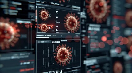 Malware prevention software network. A detailed 3D rendering of a virus particle is displayed on a digital scientific interface screen. - Powered by Adobe