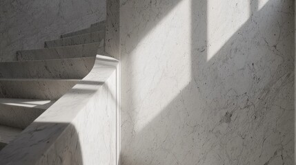A staircase with a white marble railing and a white marble wall.