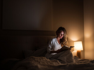 Woman sitting on bed reading a book