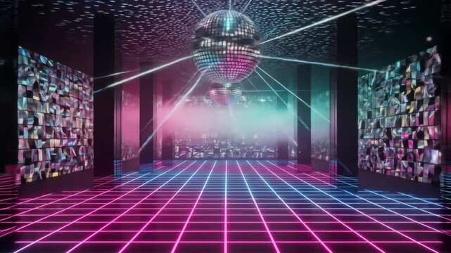 Retro nightclub with disco ball and neon lights pulsating in a dance club