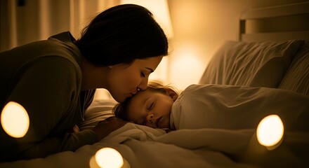 A mother gently kisses her sleeping child goodnight.