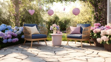 cottage garden terrace, circular stone patio, wicker armchairs with navy cushions, pastel pink table, hanging heart lanterns, hydrangea borders
